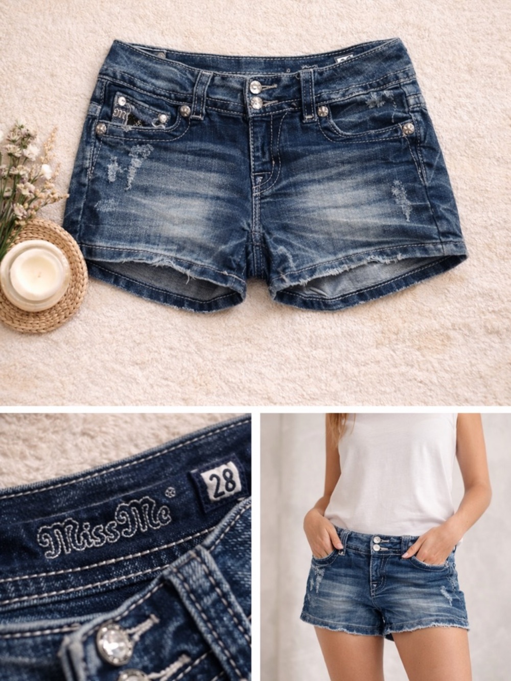 Miss Me Dark Blue Distressed Denim Jean Shorts